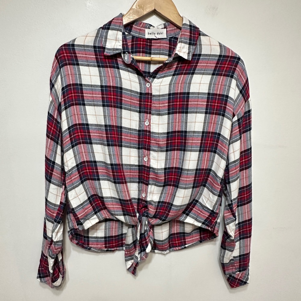 Bella Dahl Plaid Flannel Tie Front Shirt Womens Medium Red Grunge Cabincore